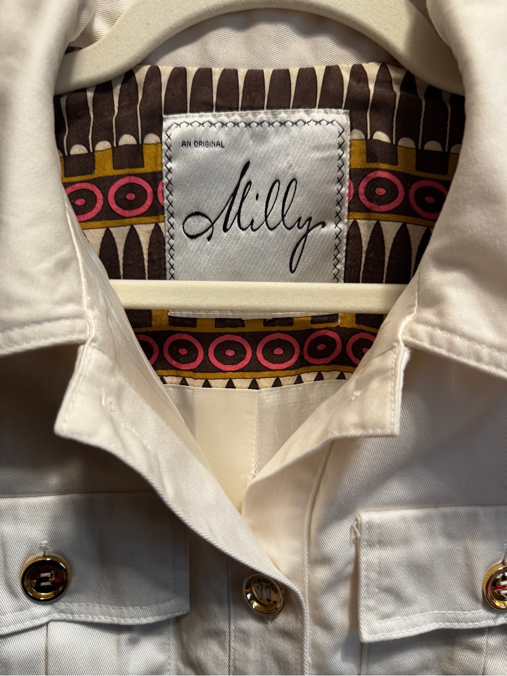 Y2K Milly White Safari Utility Jacket with Gold Bamboo Accents Hardware - Picture 2 of 3